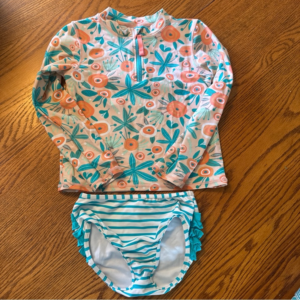 Ruffle Butts Peach Floral & Teal Stripe Girls' Rashguard Swim Set